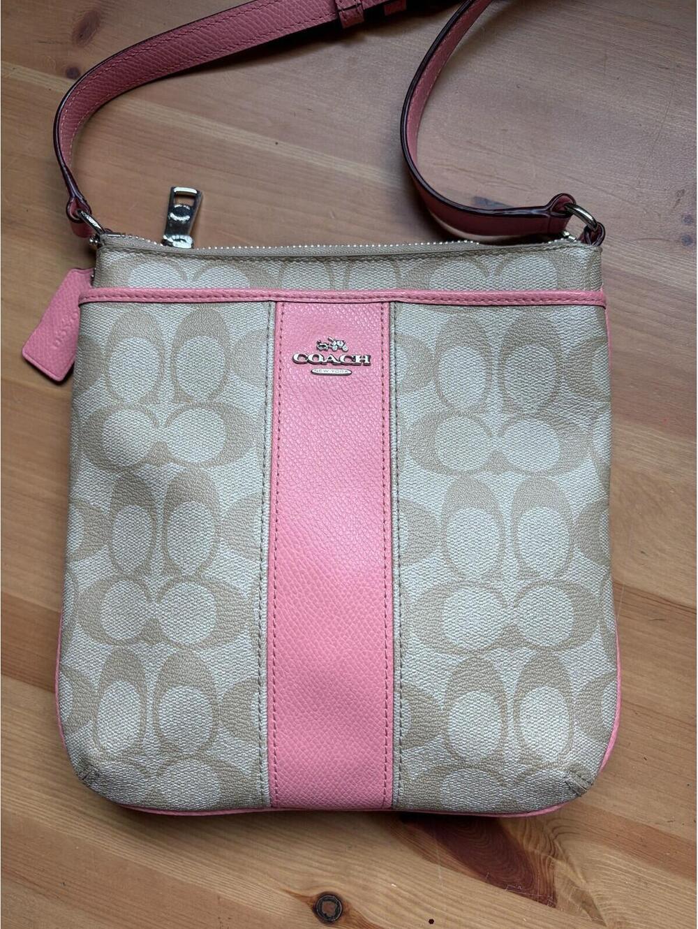 Coach Signature File Crossbody Bag Khaki Pink Stripe Canvas Leather Purse